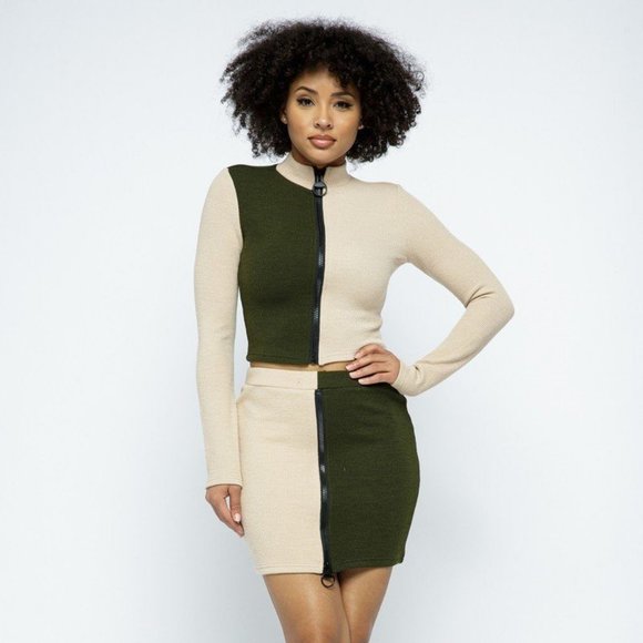 Rib Color Block Mock Neck Long Sleeve High-waist Mini Skirt With Front Zipper - Picture 1 of 1